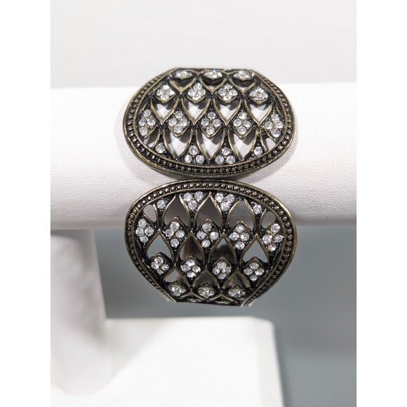 Bronze tone Art Deco Rhinestone Fan Wide Hinge Cuff Bracelet Statement 6" - Picture 1 of 8